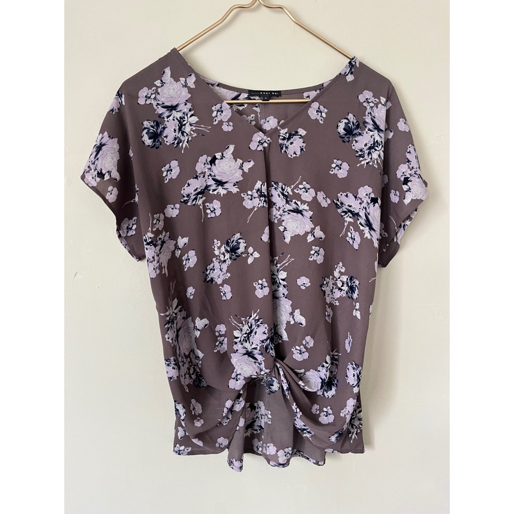 West Kei Womens boho Purple Floral V-Neck Twist Front Short Sleeve Blouse Small
